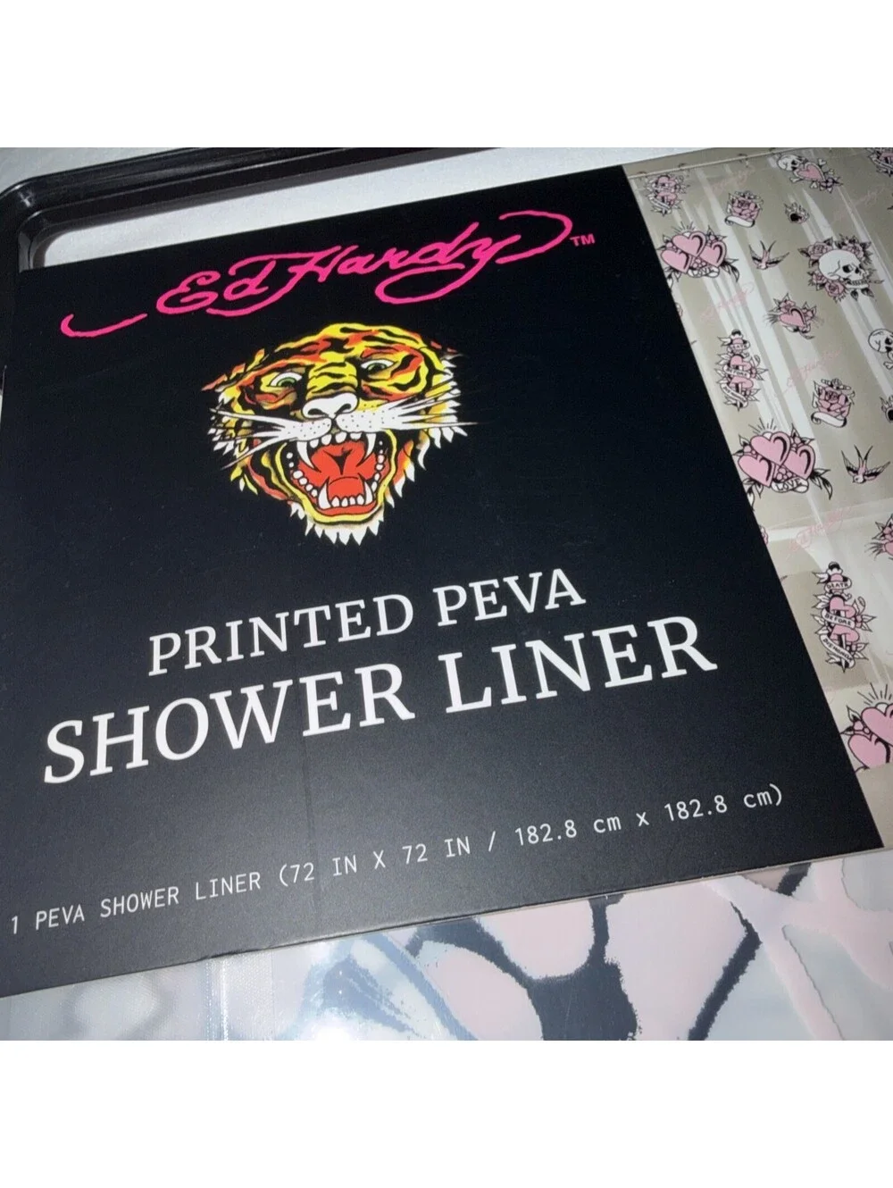 Ed Hardy Love Skull Shower Curtain Liner 72x72 Tattoo Hearts PEVA New